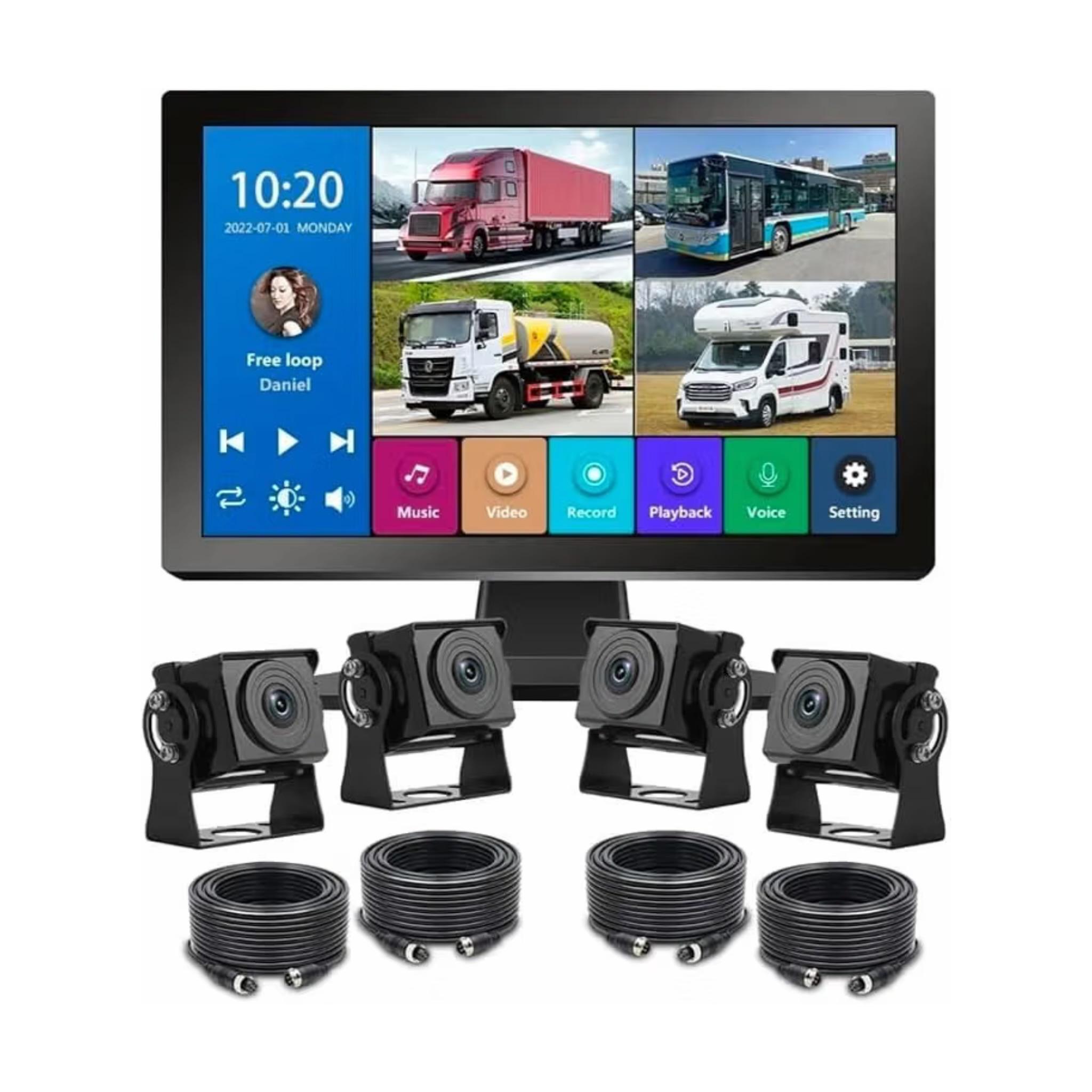 10 Inch Truck Monitor System with BSD 4CH DVR Recording Waterproof Camera Kit, 360° View Camera System for Bus, Ship, Truck AI Pedestrian Detection, Night Vision, Split Screen, 12-24V