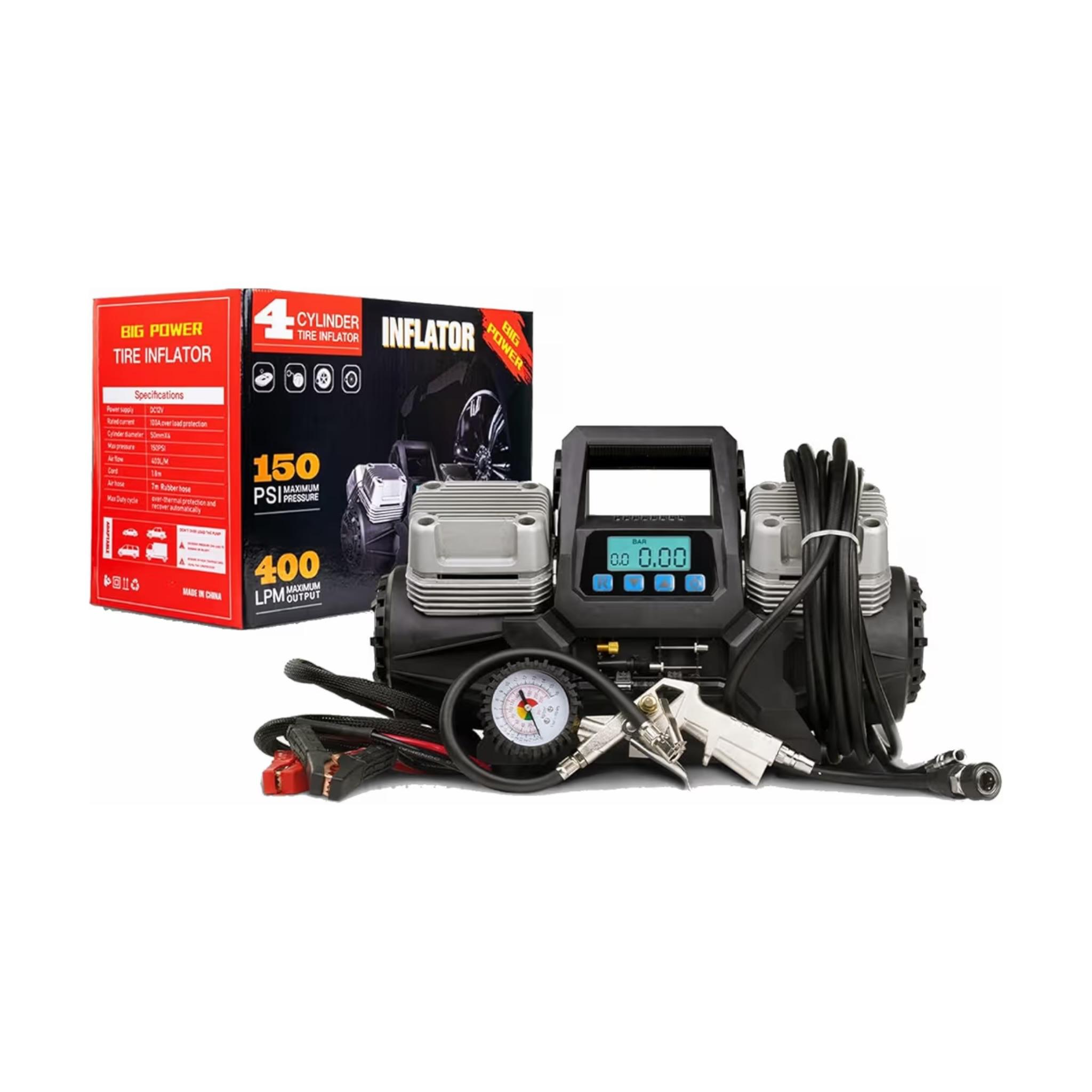 4 Cylinder Portable Tyre Inflator, 150 PSI Max Pressure, 400 LPM Output, DC 12V, Digital Display, with Air Hose