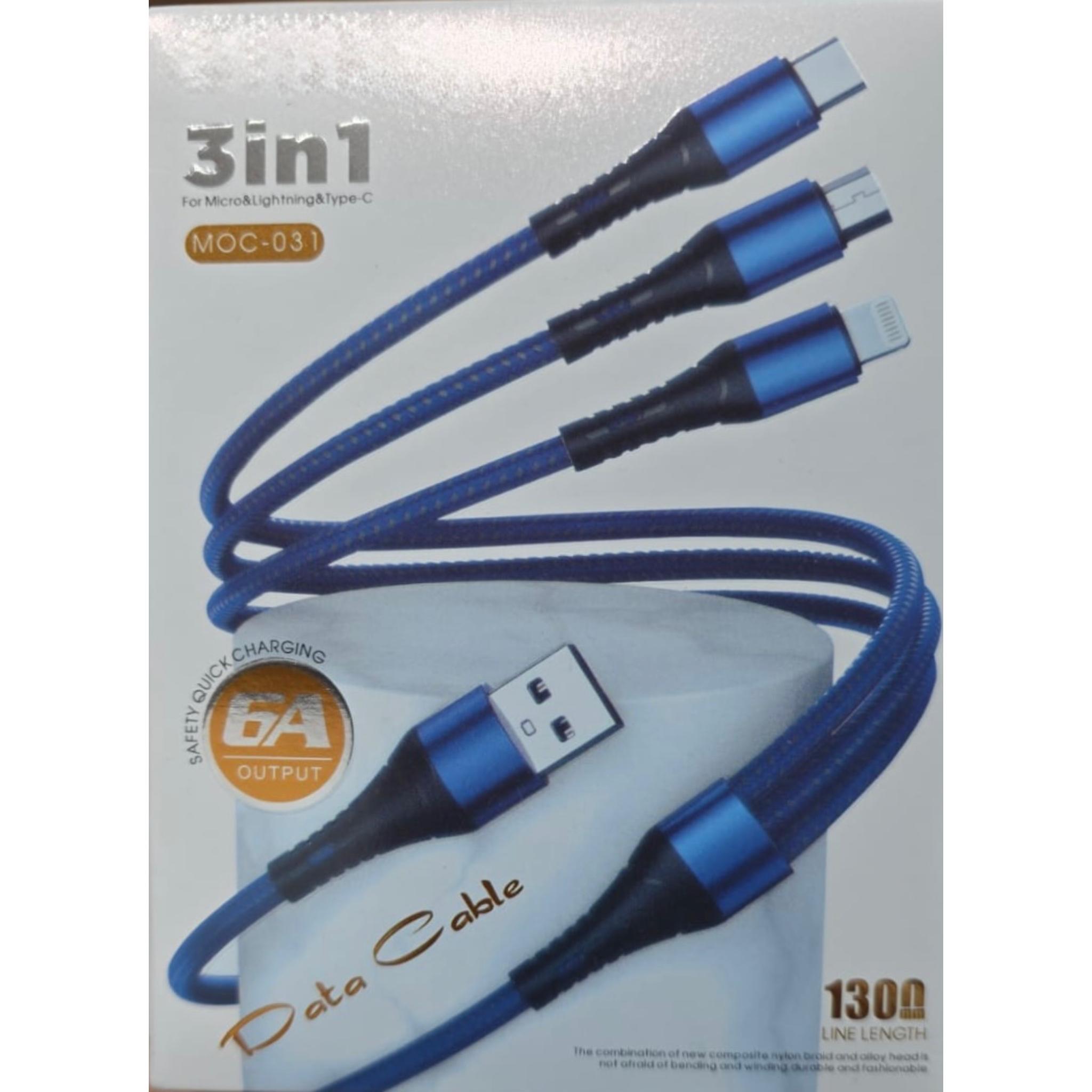3in1 Data Cable MOC-031, 6A Fast Charging, Nylon Braided, compatible with Micro, Lightning and Type-C, 130cm, Blue - Image 2