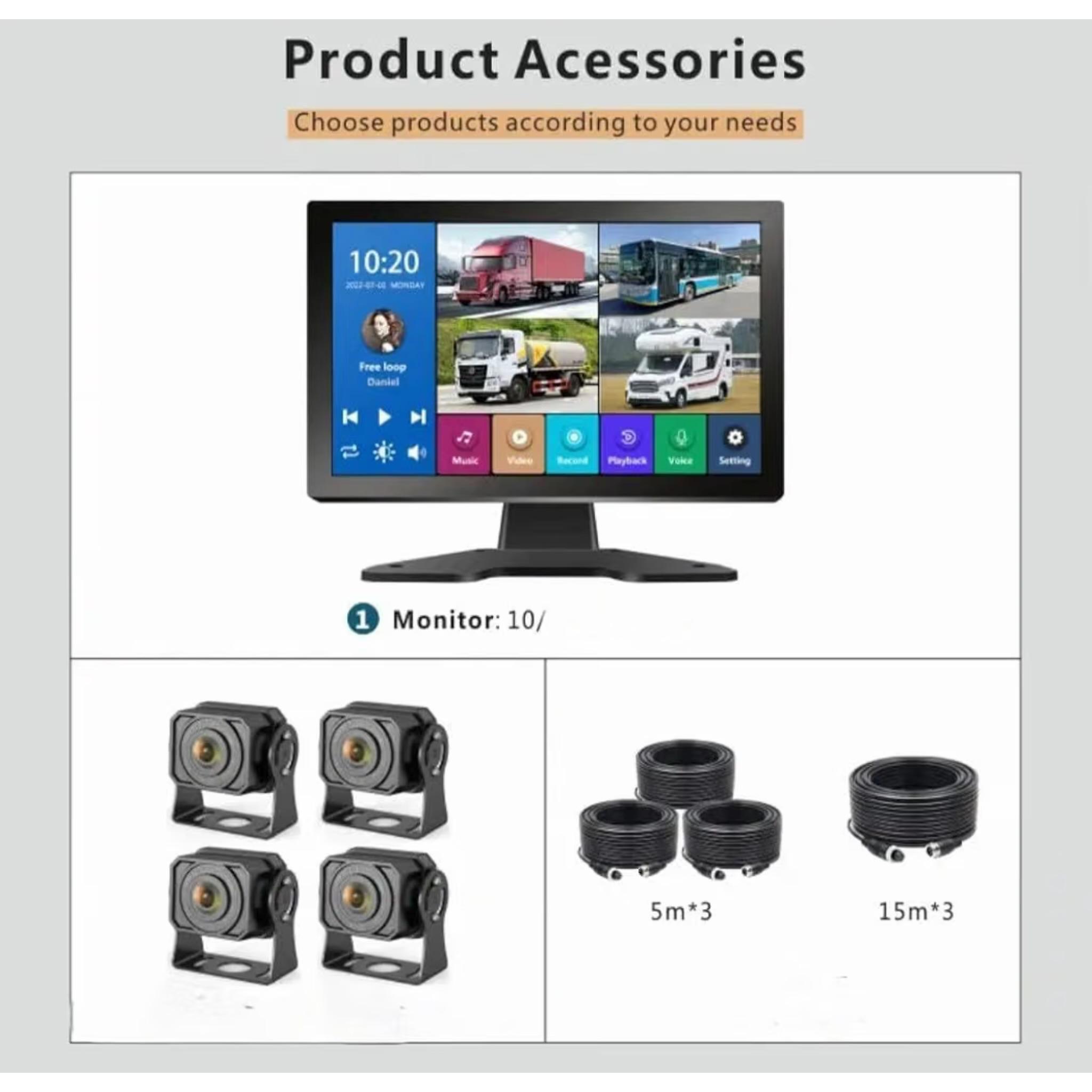10 Inch Truck Monitor System with BSD 4CH DVR Recording Waterproof Camera Kit, 360° View Camera System for Bus, Ship, Truck AI Pedestrian Detection, Night Vision, Split Screen, 12-24V - Image 2