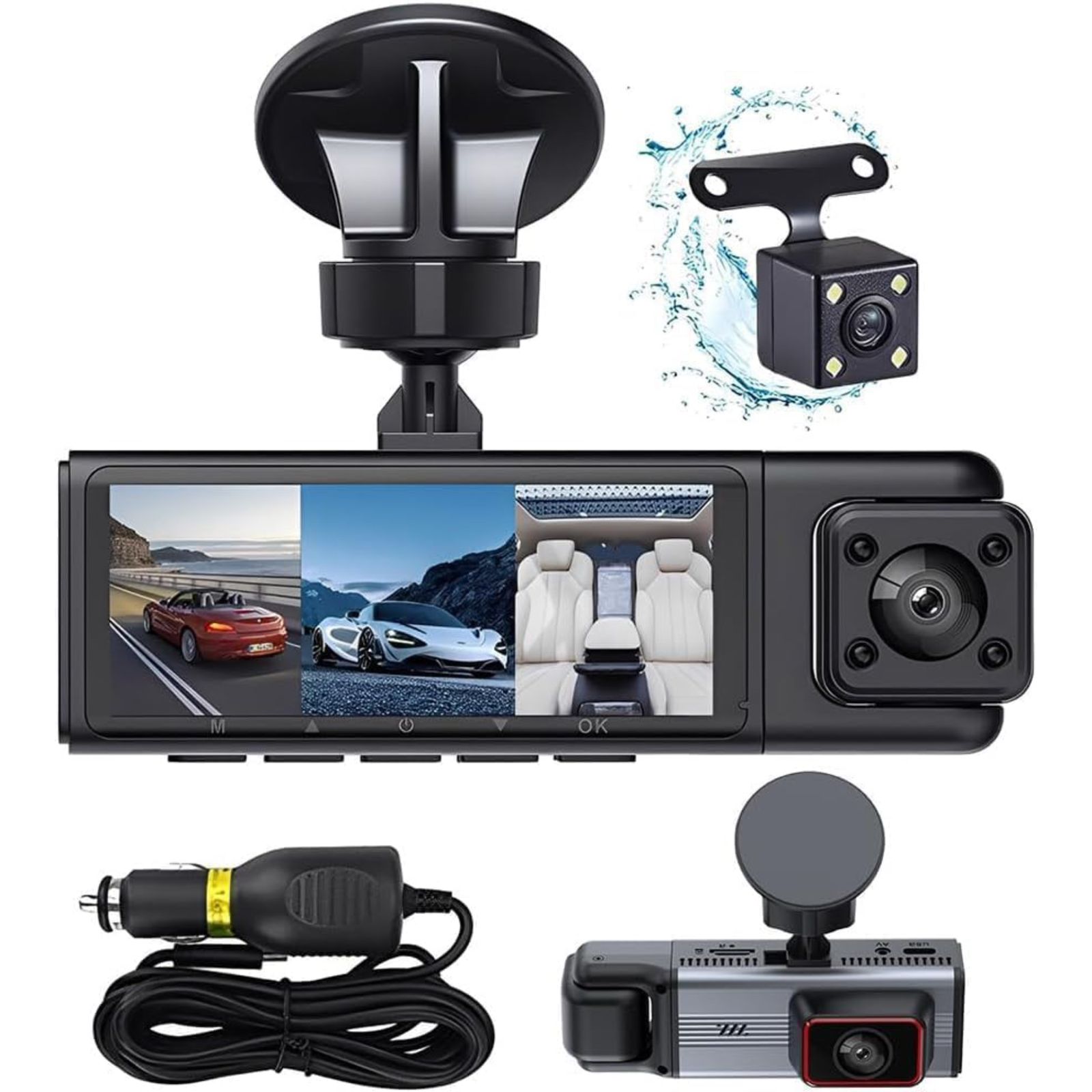 Dash Cam 3 Channel with Rear Camera, Front Inside Rear View, Night Vision, Wide Angle Lens, Car DVR Recorder - Image 2