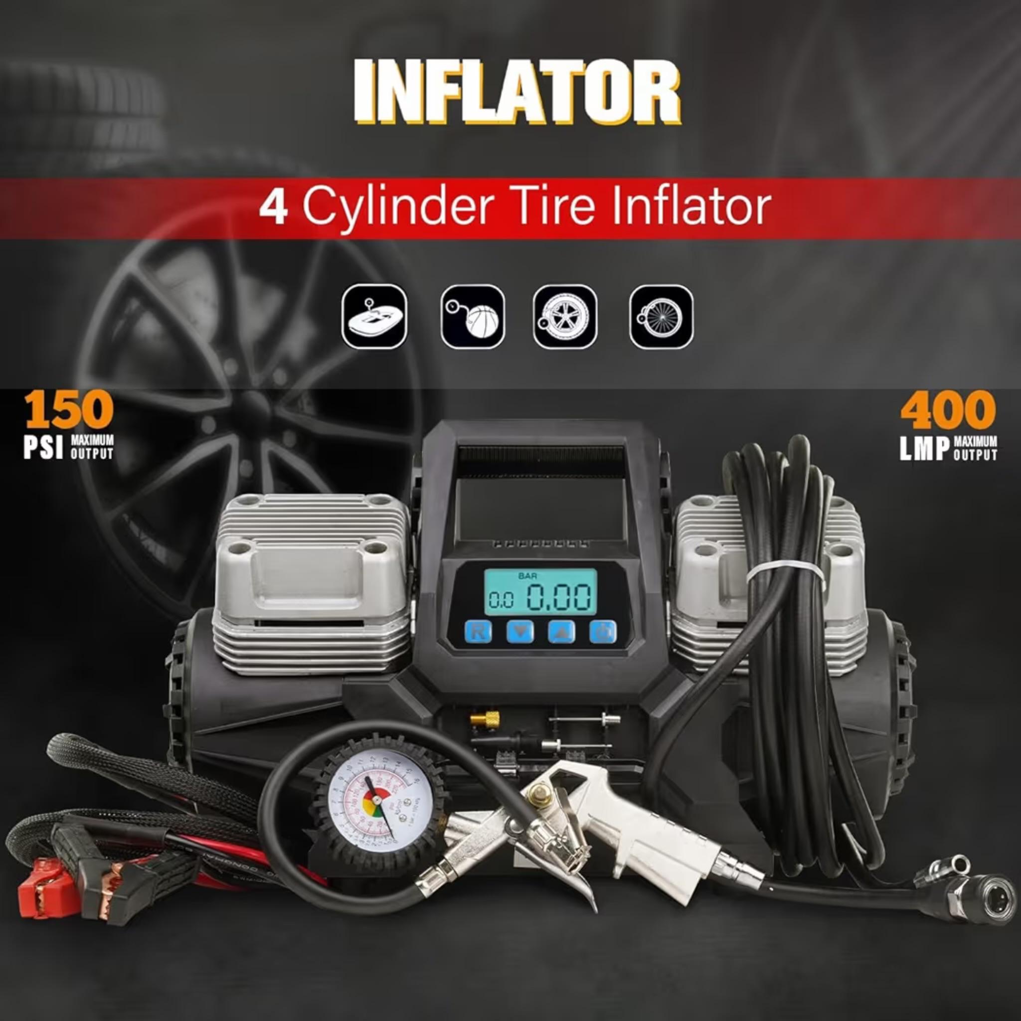 4 Cylinder Portable Tyre Inflator, 150 PSI Max Pressure, 400 LPM Output, DC 12V, Digital Display, with Air Hose - Image 2