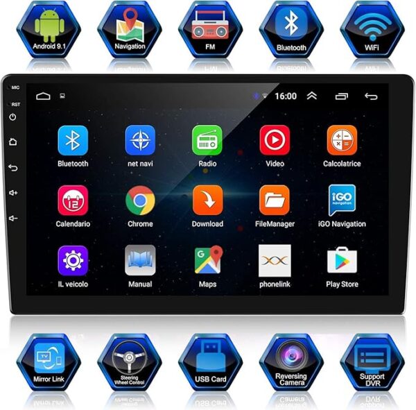Universal 2 Din Car Stereo with Android Auto, 9 Inch / 10.1 Inch HD Touchscreen Car Radio with Bluetooth Wifi FM Radio Mirror Link USB with Backup Camera support, External Microphone (9 in-(2G+32G))
