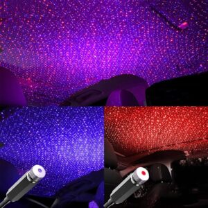 Booreina Star Projector Night Light, Auto Roof LED USB Lights Interior Car Lights Romantic Ambient Lamp for Bedroom, Party, Car, Ceiling and Stage Decoration, Red and Violet Blue 2 Pack