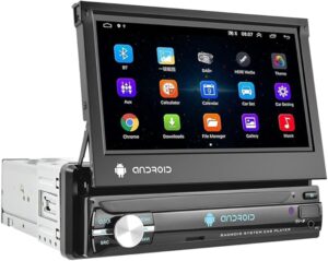MrSmart Single Din Touchscreen Car Stereo with Android Auto 7 Inch Bluetooth Flip Out Head Unit with Mirror Link for Android/iOS FM Radio USB TF SWC AUX-in + Backup Camera