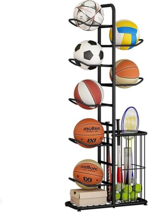 Basketball Rack, Stable Sports Equipment Storage Organizer, Removable 5-Tier Garage Ball Holder for Indoor Display Volleyball Football Badminton