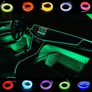 MrSmart El Wire Interior Car LED Strip Lights, LEDCARE Neon Glowing Strobing Electroluminescent Wire Lights with 2M/6FT Sewing Edge, Ambient Lighting Kits for Car, Garden, Decorations (Ice Blue)