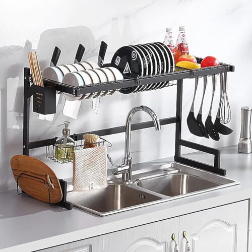 Over the Sink Dish Drying Rack Dish rack, Kitchen Sink Organizer, Draining rack Metal With cutlery holder Detachable Rustproof Suitable For Use Such As Cutting Boards Knives Utensils And Sponges